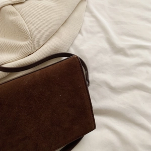 Retro minimalist dark brown suede shoulder bag with clean rectangular silhouette for women