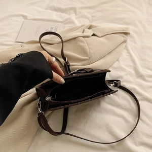 Retro minimalist dark brown matte leather crossbody bag with wide shoulder strap