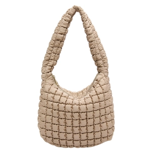 Minimalist beige quilted shoulder bag with fluffy nylon fabric and zipper closure