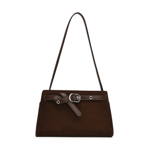 Retro minimalist dark brown suede tote bag with wide strap and silver buckle detail