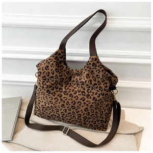 Women's Casual Fabric Shoulder Bag Fashion Leopard Print Plaid Tote Bag Large Capacity Crossbody Handbag Urban Minimalist Style