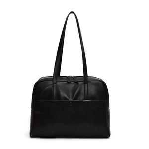 Minimalist black matte PU leather shoulder bag with front pocket and double zipper closure
