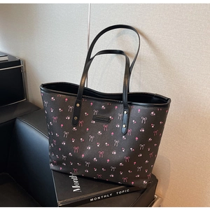 Sac fourre-tout noir en PU 2024 avec imprimé floral rose et nœud pour femmes