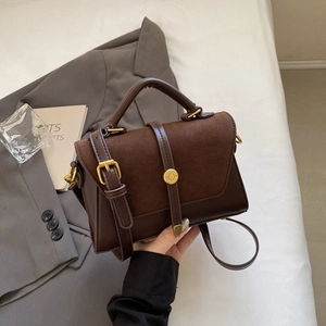 Fashionable dark brown suede patchwork handbag with adjustable shoulder strap for women