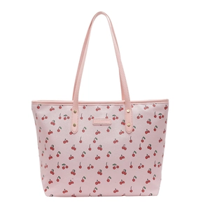 Sac fourre-tout rose en cuir PU avec motif cerise et rivets dorés sur fond blanc
