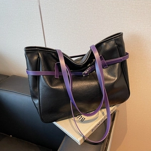 2024 trendy contrast color PU leather tote bag with purple straps and metal buckle