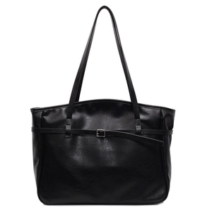Minimalist black PU leather tote bag with silver buckle strap and textured finish