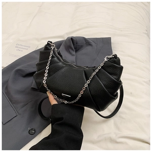 Chic black pleated PU leather shoulder bag with silver chain strap and zipper closure