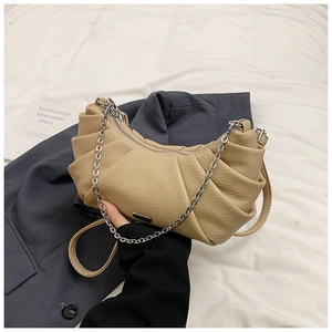 Beige pleated PU leather shoulder bag with chic silver chain and crescent cloud silhouette