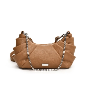 Fashionable brown croissant shoulder bag with silver chain strap and lychee pattern leather