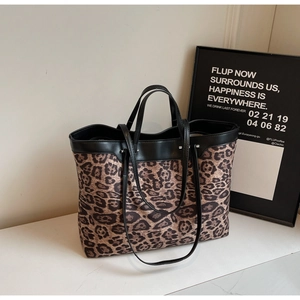 Sac fourre-tout tendance imprimé léopard avec lanières en cuir noir et grande capacité