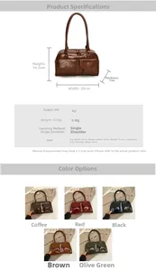 Detailed size guide and specifications for the retro PU shoulder bag with five color options