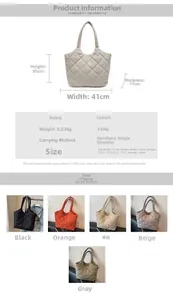 Detailed dimension chart and multi-color view of quilted fabric tote bag for women