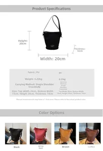 Detailed size chart and multi-color options for lightweight PU leather bucket bag