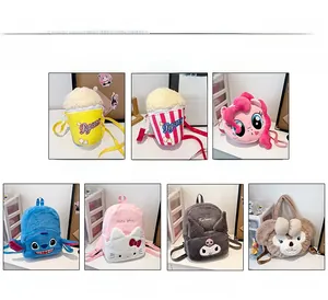 Detailed view of various soft plush cartoon bags including popcorn and pony shapes