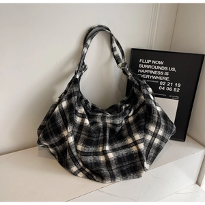 Sac hobo minimaliste à carreaux noir et blanc avec grande capacité en tissu doux