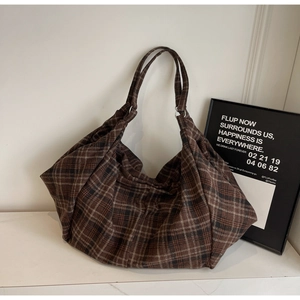 Sac fourre-tout en tissu à carreaux marron, grand format au style rétro épuré