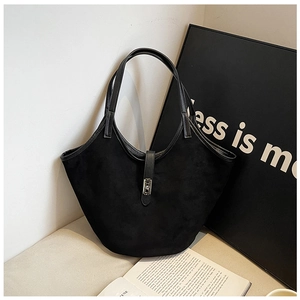 Minimalist black suede tote bag with leather trim and silver metal buckle for women