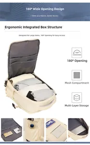 Detail view of large capacity beige travel backpack with 180 degree wide opening