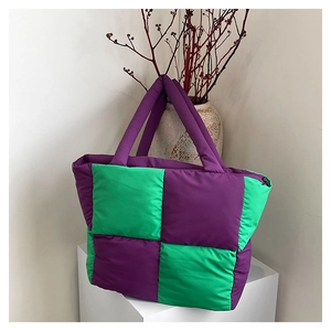 Quilted nylon puffer tote bag with purple and green checkerboard design for autumn