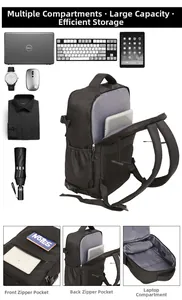 Detail of black business backpack showing large capacity for laptop and travel essentials