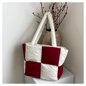 Quilted red and white checkered nylon puffer tote bag with padded handles for women