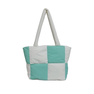 Quilted nylon checkerboard tote bag in white and green with padded design for women