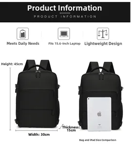 Detail view of the 45x30x15cm black travel backpack dimensions for 15.6 inch laptop