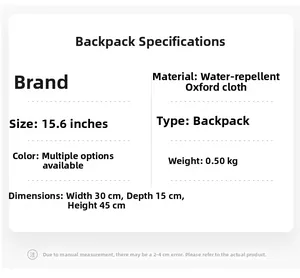 Water-resistant Oxford fabric backpack specifications and dimensions for 15.6 inch laptop