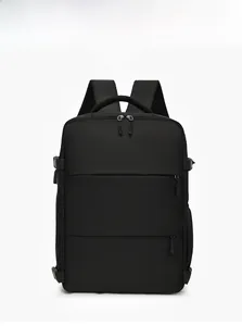 Front view of black waterproof business travel backpack with durable multi-layer zipper pockets