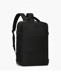 Side view of a large capacity black business laptop backpack with adjustable buckle straps