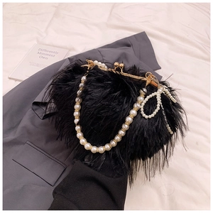 Elegant Women Faux Fur Plush Handbag With Artificial Pearl Strap Bow Decor Evening Party Feather Crossbody Shoulder Bag Kiss Lock
