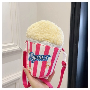Chic autumn plush popcorn shaped crossbody bag with pink striped pattern for women