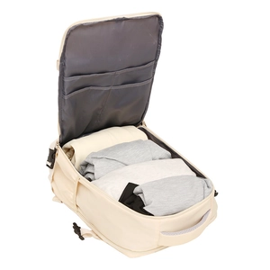 Beige large capacity travel backpack featuring 180-degree opening and multi-pocket storage