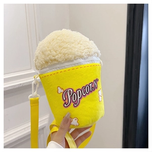 Creative popcorn bucket plush shoulder bag with yellow faux fur and embroidery