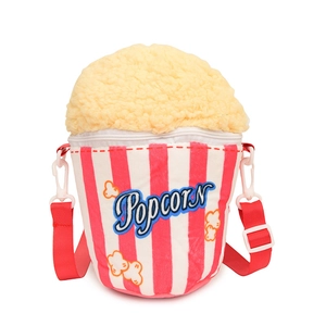 Plush popcorn-shaped bucket bag with red and white stripes and adjustable red shoulder strap