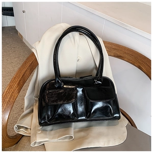 Women Urban Minimalist Glossy PU Leather Shoulder Bag Vintage Double Front Pocket Underarm Bag Solid Color Commuter Handbag