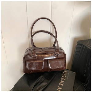 Minimalist deep brown polished PU leather shoulder bag with vintage dual pockets
