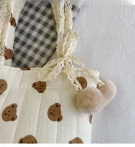 Détail du sac matelassé en coton crème avec imprimé ours et bordure en dentelle beige