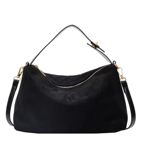 Fashionable black faux suede hobo bag with gold hardware and adjustable strap for women