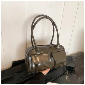 Minimalist shiny PU leather shoulder bag in olive brown with dual front pockets and zip closure