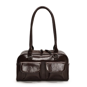 Chic dark brown faux leather shoulder bag with glossy finish and double pockets