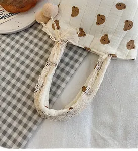 Détail du sac cabas en coton matelassé avec motif ours et dentelle sur les poignées