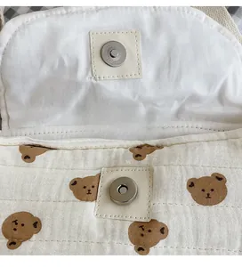 Dettaglio della borsa trapuntata in cotone con stampa orso e chiusura magnetica in metallo