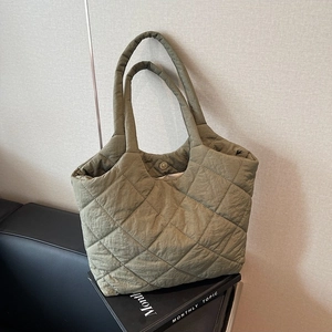 Olive green quilted puffer tote bag with diamond pattern and magnetic closure for women