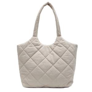 Fashionable beige quilted shoulder bag with classic diamond stitching and puffy fabric texture