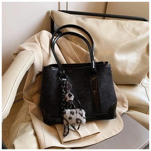Women's Fashion Tweed Splicing PU Leather Tote Bag Large Capacity Shoulder Handbag With Leopard Pendant For Daily Work Office