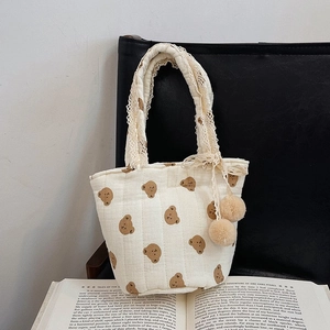 Petit Sac Fourre-tout en Coton Matelassé Pour Femmes Enfants Dentelle Charme Pompon Ours Floral Pois Sac à Main