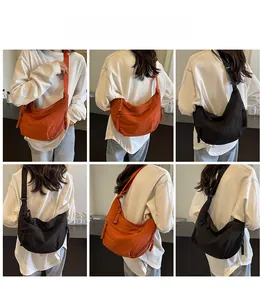 Collage of model wearing large nylon dumpling crossbody bag in orange and black