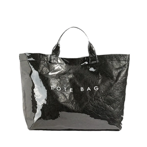 Vintage style black glossy crinkled tote bag with white TOTE BAG print for women